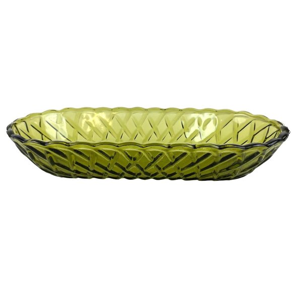 Vintage Indiana Glass Co Avocado Green Celery Dish Pretzel Pattern - Picture 4 of 11